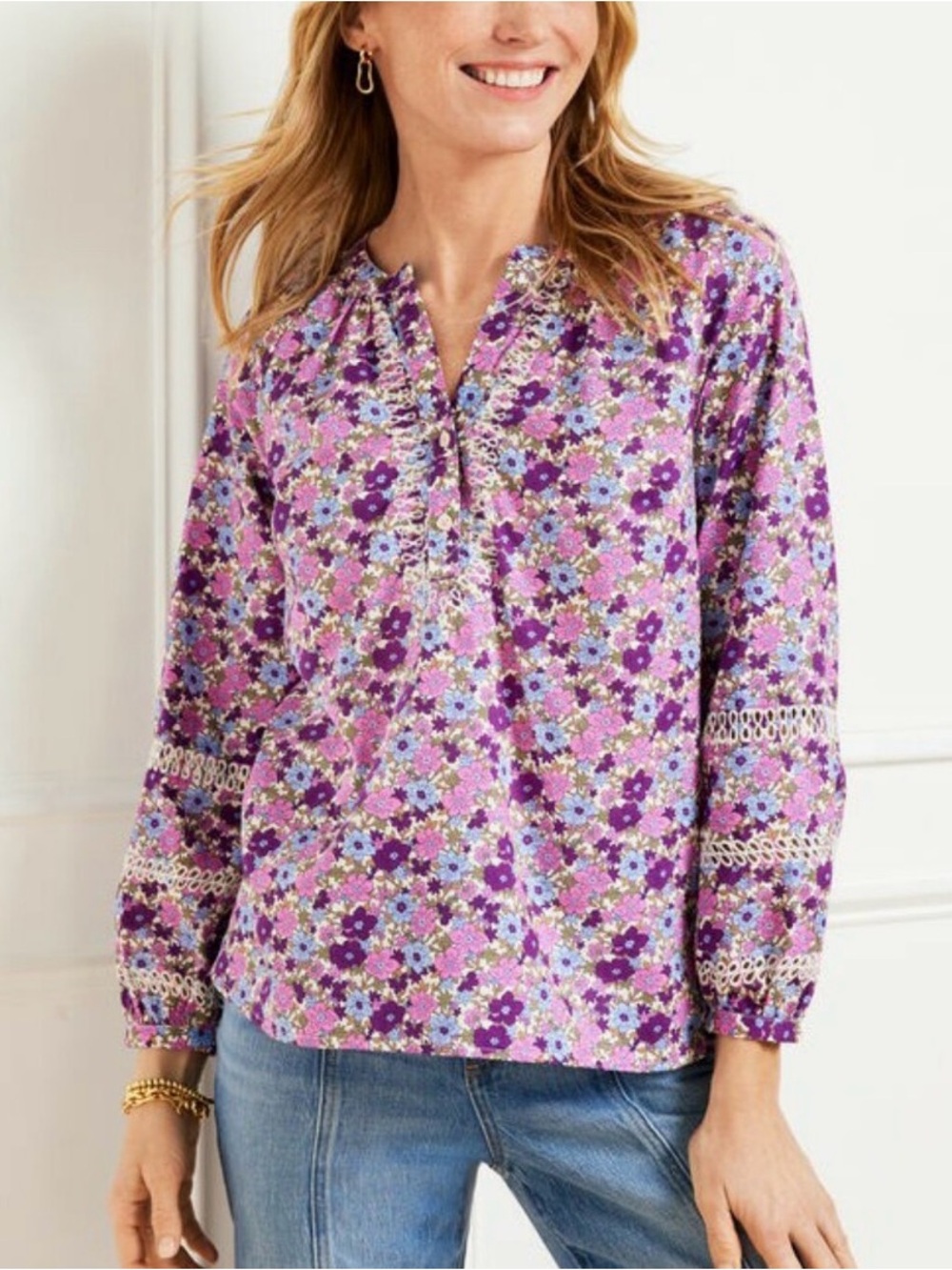 Talbots Plus | Purple Ditsy Floral Print 100% Cotton Peasant Top Blouse Sz 2X